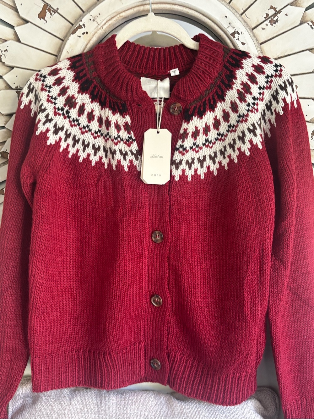 NWT DÔEN Heirloom Clarke Cardigan Burgundy Fair Isle Merino Alpaca M - Picture 2 of 12